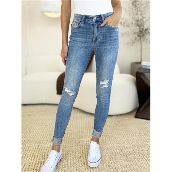 🔥 NWT Judy Blue Mid Rise Destroy & Cuff Skinny Jeans, Regular + Plus Sizes - Picture 8 of 9